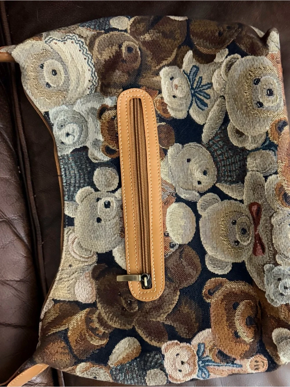 Teddy Bear Tapestry Shoulder Bag in Brown